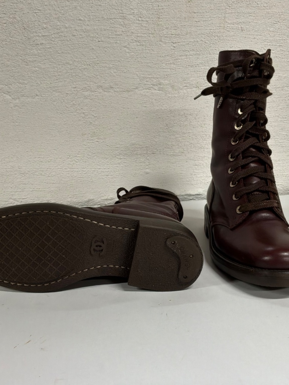 Vintage 90's CHANEL CC Logo COMBAT Biker Moto Brown Lace Up Leather Boots  37.5 - Picture 3 of 16